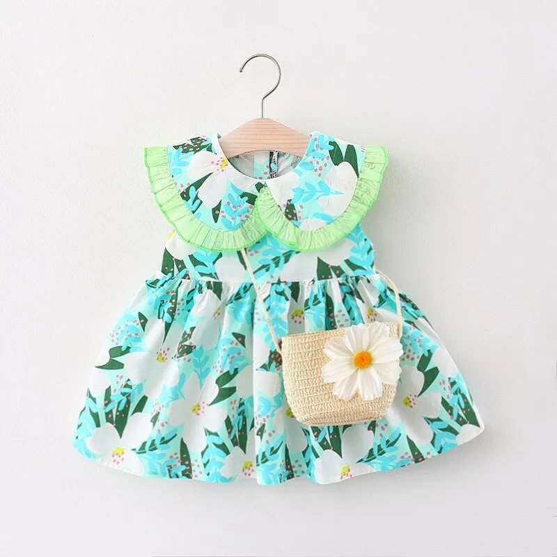 Summer cotton dress for little girls with bag