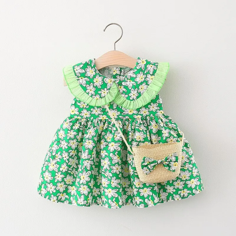 Summer cotton dress for little girls with bag