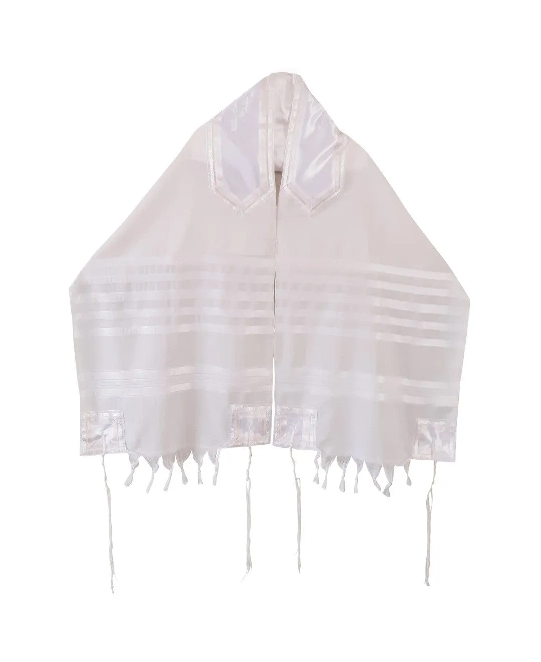 White On White Classic Tallit With Embroidered Atarah, Tzitzit Hebrew Prayer Shawl, Bar Mitzvah Tallit