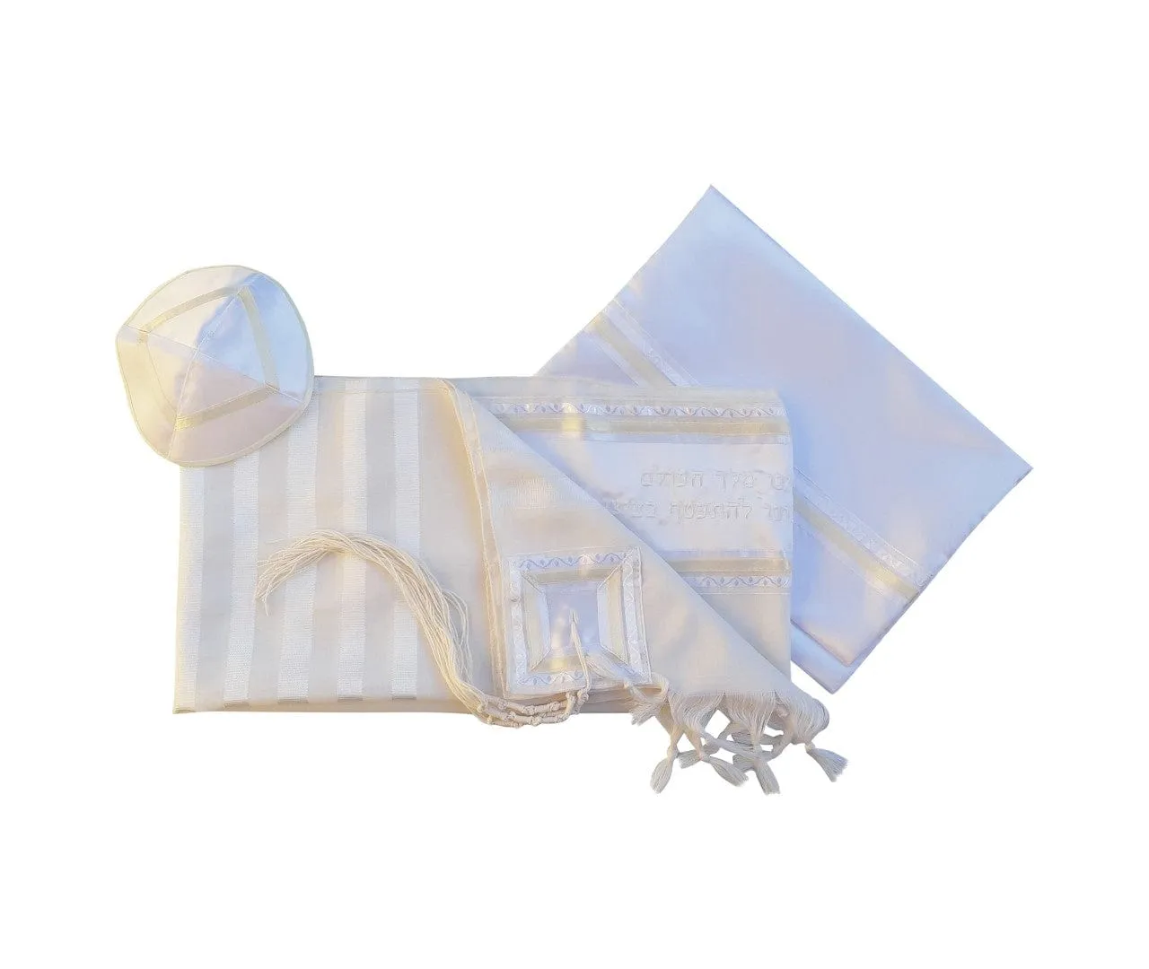 White On White Classic Tallit With Embroidered Atarah, Tzitzit Hebrew Prayer Shawl, Bar Mitzvah Tallit