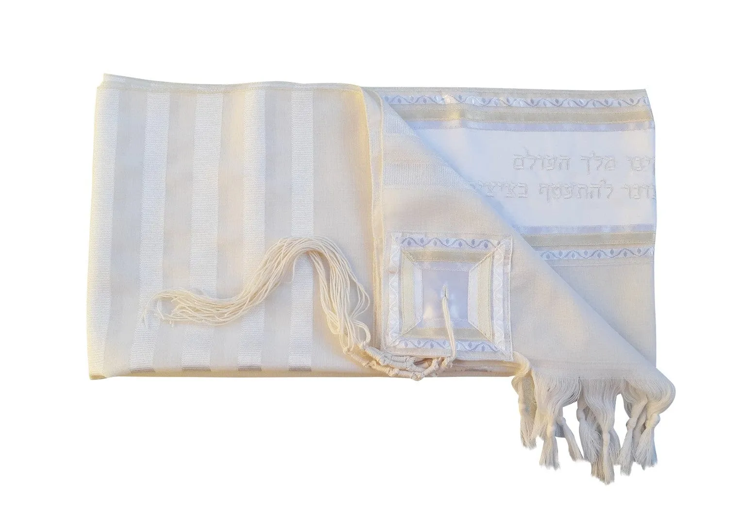 White On White Classic Tallit With Embroidered Atarah, Tzitzit Hebrew Prayer Shawl, Bar Mitzvah Tallit