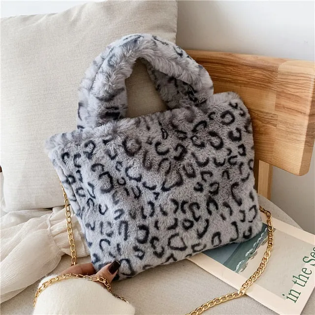 Winter new fashion shoulder bag female leopard female bag chain large plush winter handbag Messenger bag soft warm fur bag