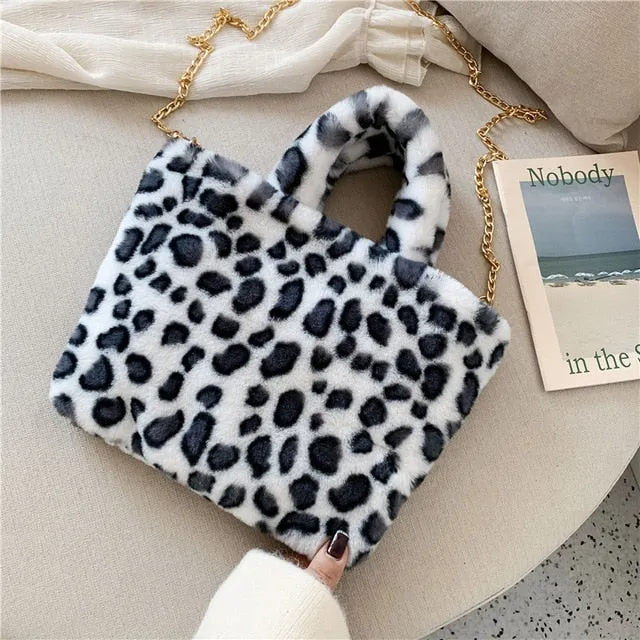 Winter new fashion shoulder bag female leopard female bag chain large plush winter handbag Messenger bag soft warm fur bag